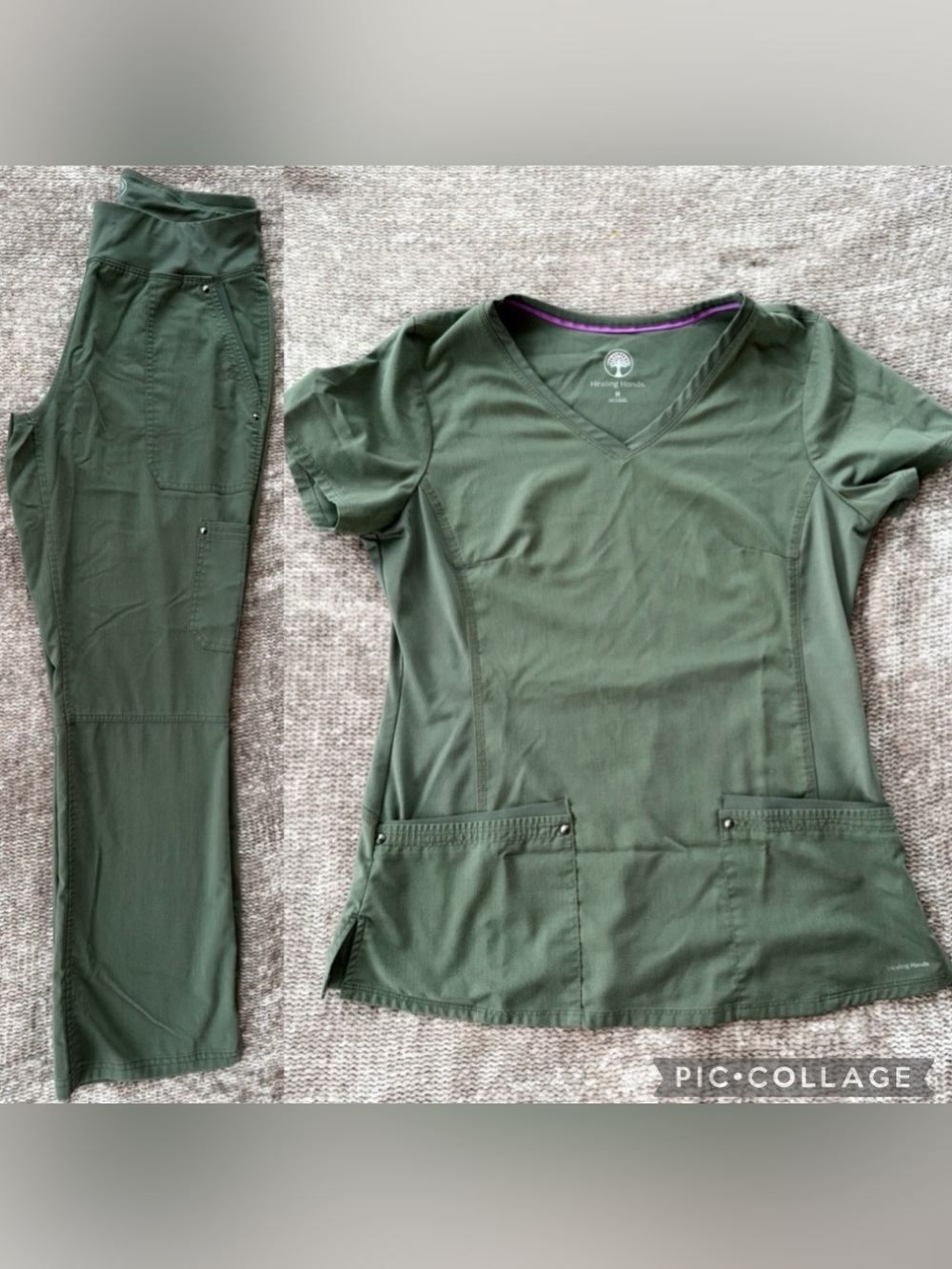 Healing Hands Women’s Olive Green Scrub Set Medium Top & Pants stretch